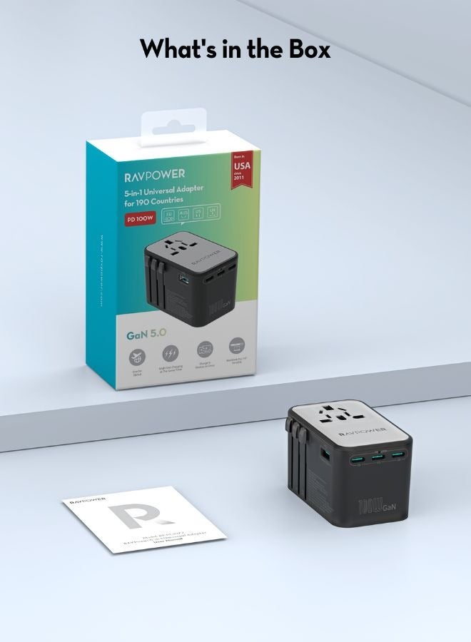 100W 5-Port Travel Adapter, GaN 5.0 Universal Charger with AC Outlet, 3 USB-C PD, 1 USB-A, International Wall Charger for Laptops, Phones & Tablets, EU, UK, USA, AUS Plug, PC1077 Black