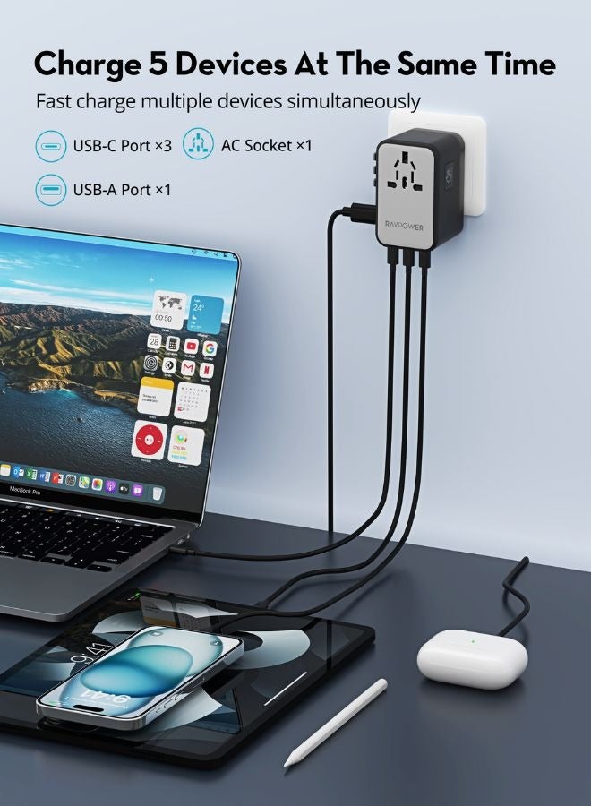 RAVPOWER 100W 5-Port Travel Adapter, GaN 5.0 Universal Charger with AC Outlet, 3 USB-C PD, 1 USB-A, International Wall Charger for Laptops, Phones & Tablets, EU, UK, USA, AUS Plug, PC1077 Black  - Image 5