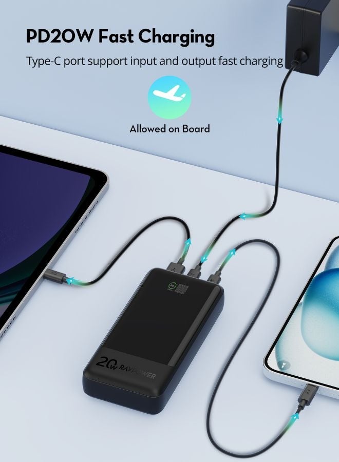 RAVPOWER 20000 mAh RAVPower 20000mAh Portable Charger, 20W PD QC Power Bank with 3 Ports and Smart Digital Display, Fast Charging, Protected by iSmart Technology, Compatible for iPhone, Samsung, and More, PB1238 Black  - Image 5