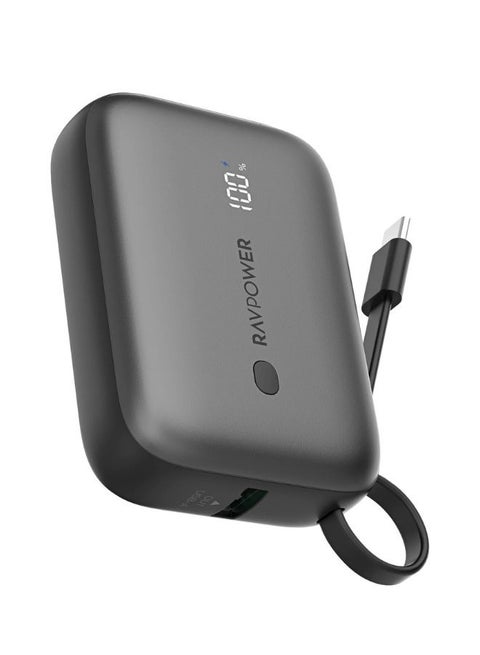 10000 mAh RAVPower 20W PD 10000mAh Power Bank with Built-In USB-C Cable, 3-Port Fast Charging, Compact Design, PowerIQ 3.0, Universal Compatibility, Smart Digital Display Black