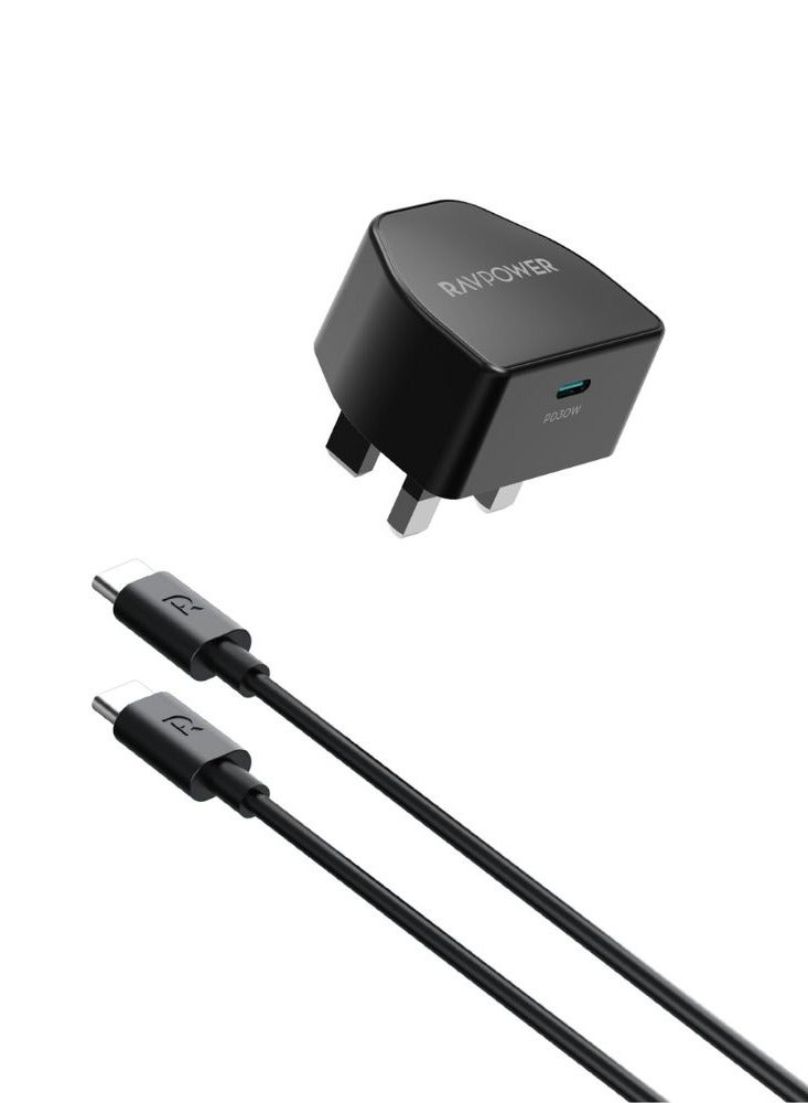 RAVPOWER 20W PD Pioneer USB-C Wall Charger with Type-C to Type-C Cable, Ultra-Compact, Compatible for iPhone, Samsung & Android, PC1032 Black - Image 1