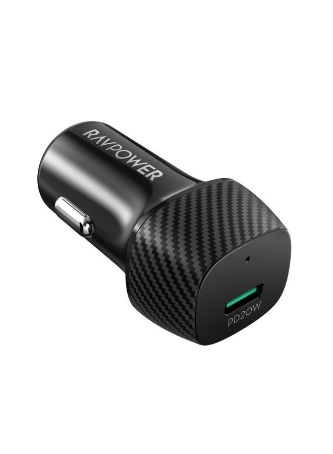 RAVPOWER 20W USB-C Car Charger, PD Type-C Car Adapter for iPhone, Samsung Galaxy, Huawei & More, Compact with iSmart Technology Black - Image 1