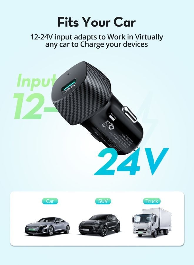 RAVPOWER 20W USB-C Car Charger, PD Type-C Car Adapter for iPhone, Samsung Galaxy, Huawei & More, Compact with iSmart Technology Black - Image 4