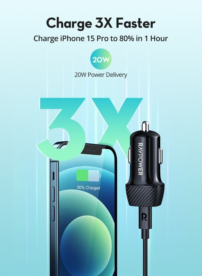 RAVPOWER 20W USB-C Car Charger, PD Type-C Car Adapter for iPhone, Samsung Galaxy, Huawei & More, Compact with iSmart Technology Black - Image 5