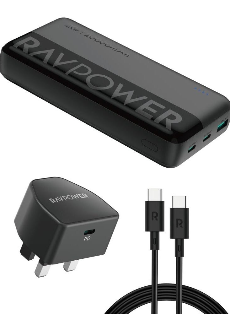 RAVPOWER - 20000 mAh RAVPower 3-in-1 Travel Charging Combo, 20000mAh Portable Power Bank, 20W PD Fast Charging Wall Charger, 60W USB-C to USB-C Cable, Compact & Powerful, iSmart Protection, PC1086 Black - Image 1