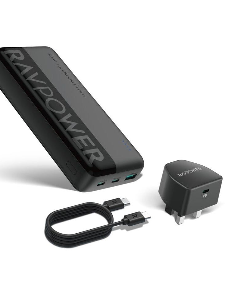 RAVPOWER - 20000 mAh RAVPower 3-in-1 Travel Charging Combo, 20000mAh Portable Power Bank, 20W PD Fast Charging Wall Charger, 60W USB-C to USB-C Cable, Compact & Powerful, iSmart Protection, PC1086 Black - Image 1