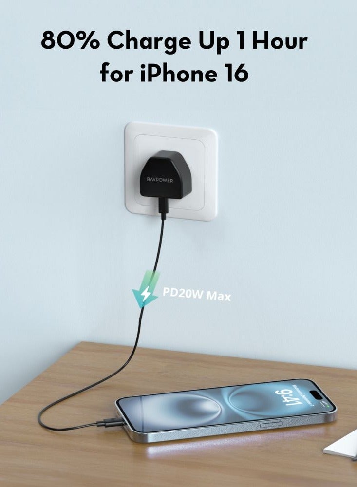 RAVPOWER - 20000 mAh RAVPower 3-in-1 Travel Charging Combo, 20000mAh Portable Power Bank, 20W PD Fast Charging Wall Charger, 60W USB-C to USB-C Cable, Compact & Powerful, iSmart Protection, PC1086 Black - Image 1