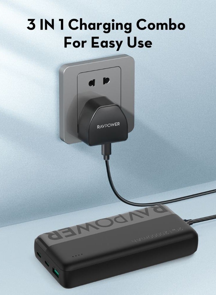 RAVPOWER - 20000 mAh RAVPower 3-in-1 Travel Charging Combo, 20000mAh Portable Power Bank, 20W PD Fast Charging Wall Charger, 60W USB-C to USB-C Cable, Compact & Powerful, iSmart Protection, PC1086 Black - Image 1
