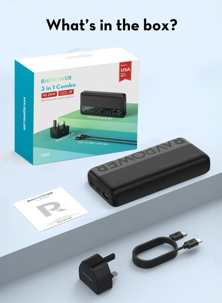 RAVPOWER - 20000 mAh RAVPower 3-in-1 Travel Charging Combo, 20000mAh Portable Power Bank, 20W PD Fast Charging Wall Charger, 60W USB-C to USB-C Cable, Compact & Powerful, iSmart Protection, PC1086 Black - Image 1