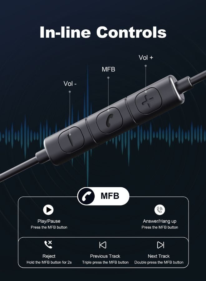 RAVPOWER - Stereo Earphone with Type-C Connector & In-Line Remote, HiFi Sound, Crystal Clear Calls, Ergonomic Fit, 1.2M Tangle-Free Cable, Silicone Storage Bag, BH1006 Black - Image 1