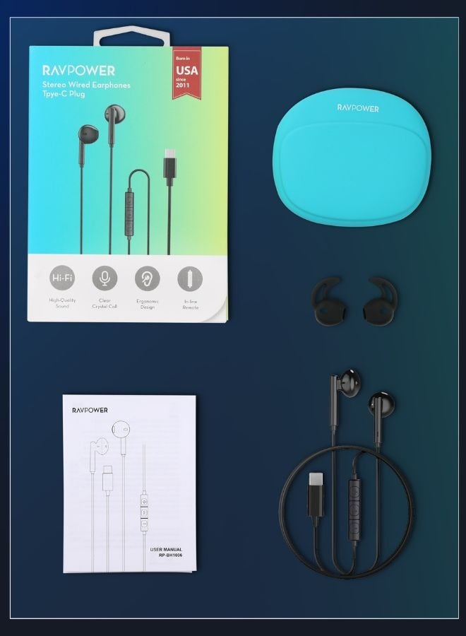 RAVPOWER - Stereo Earphone with Type-C Connector & In-Line Remote, HiFi Sound, Crystal Clear Calls, Ergonomic Fit, 1.2M Tangle-Free Cable, Silicone Storage Bag, BH1006 Black - Image 1