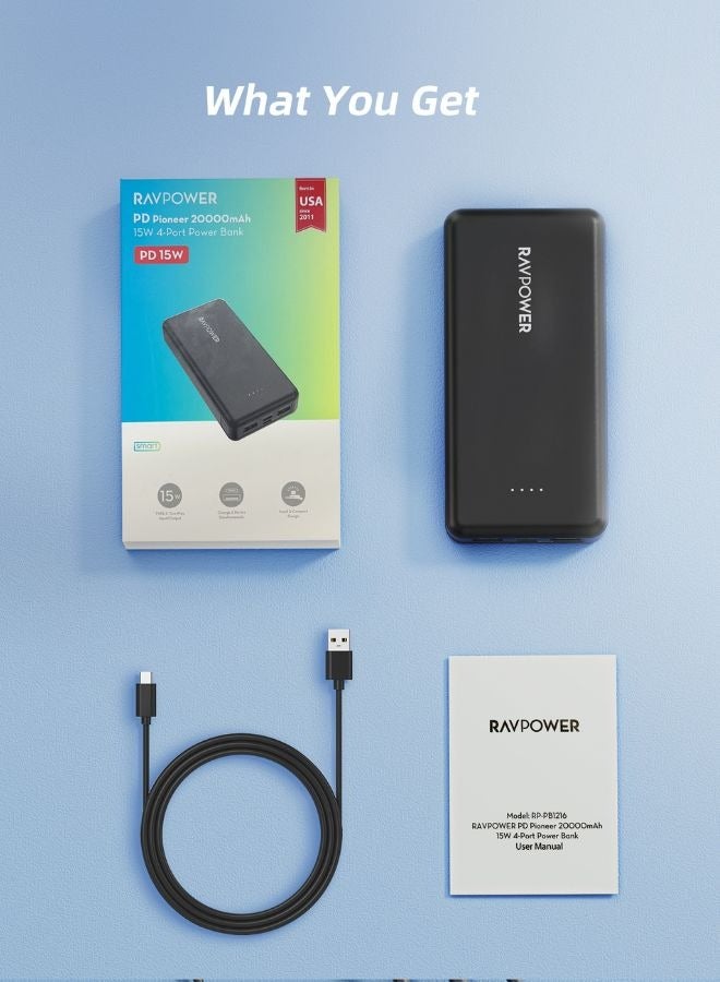 20000 mAh RAVPower Pioneer 20000mAh PD 15W Power Bank, 4-Port Slim Portable Charger with iSmart Technology, LED Battery Indicator, Compact Design, Built-In Device Protection, PB1216 Black