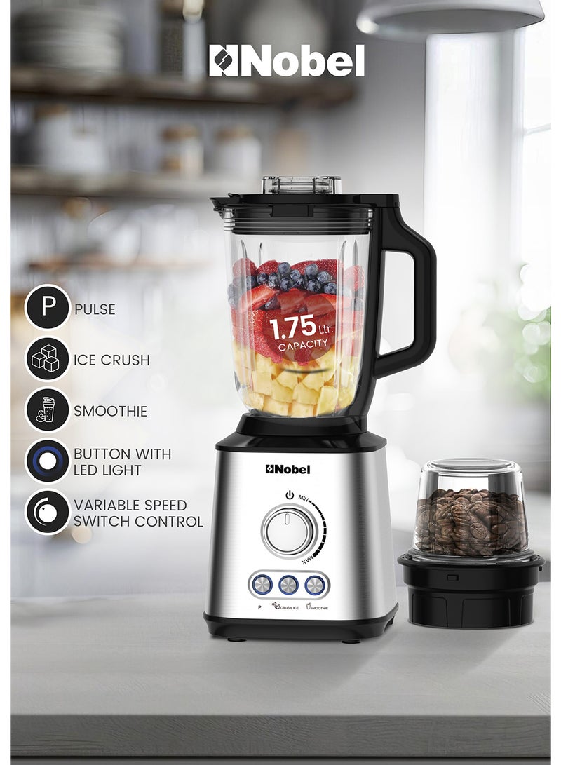 نوبل خلاط نوبل 2 في 1 مع وعاء زجاجي سعة 1.5 لتر، ووعاء مطحنة سعة 0.3 لتر، وشفرات من الفولاذ المقاوم للصدأ، وتحكم في السرعة المتغيرة، ومحرك بقوة 800 واط NB280 - Image 1