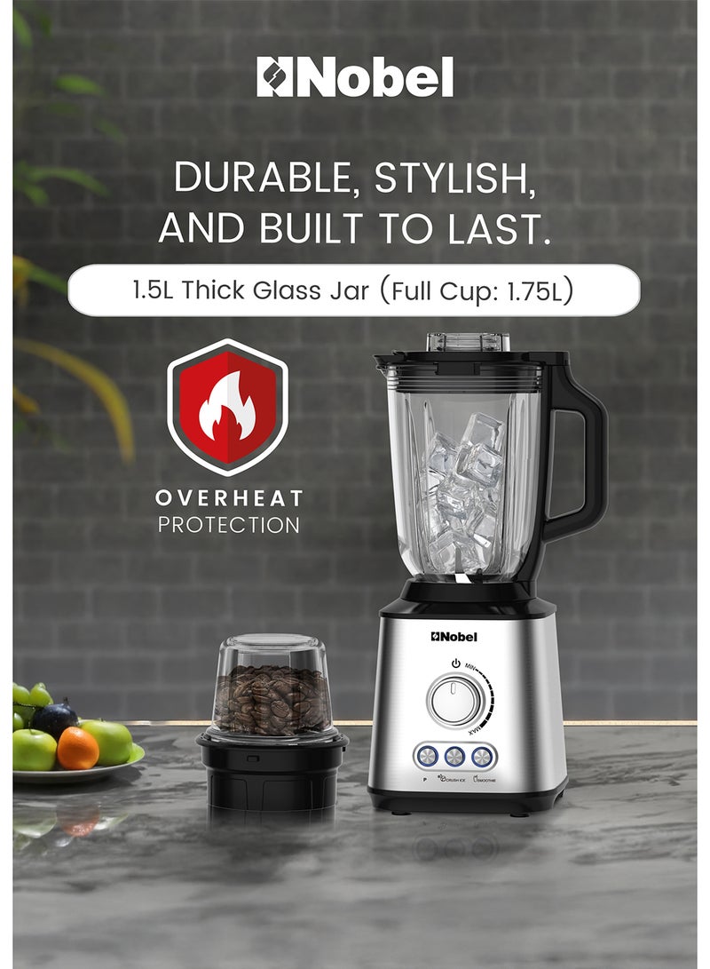 نوبل خلاط نوبل 2 في 1 مع وعاء زجاجي سعة 1.5 لتر، ووعاء مطحنة سعة 0.3 لتر، وشفرات من الفولاذ المقاوم للصدأ، وتحكم في السرعة المتغيرة، ومحرك بقوة 800 واط NB280 - Image 2