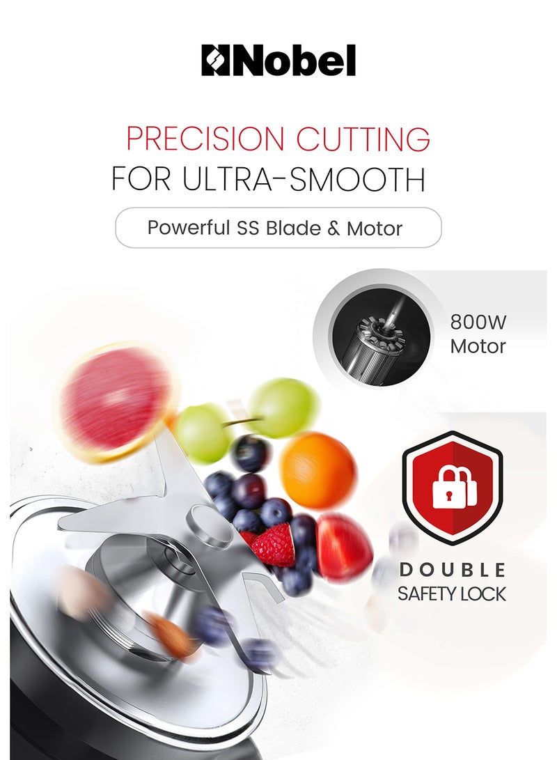 نوبل خلاط نوبل 2 في 1 مع وعاء زجاجي سعة 1.5 لتر، ووعاء مطحنة سعة 0.3 لتر، وشفرات من الفولاذ المقاوم للصدأ، وتحكم في السرعة المتغيرة، ومحرك بقوة 800 واط NB280 - Image 4