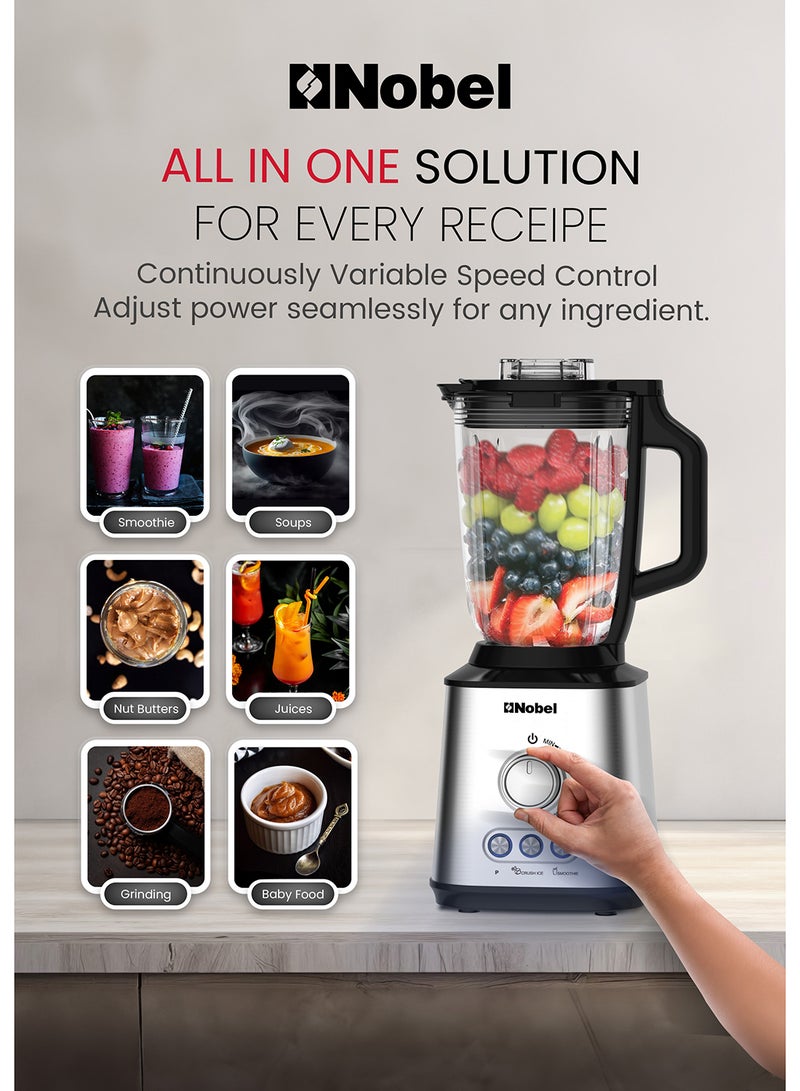 نوبل خلاط نوبل 2 في 1 مع وعاء زجاجي سعة 1.5 لتر، ووعاء مطحنة سعة 0.3 لتر، وشفرات من الفولاذ المقاوم للصدأ، وتحكم في السرعة المتغيرة، ومحرك بقوة 800 واط NB280 - Image 3