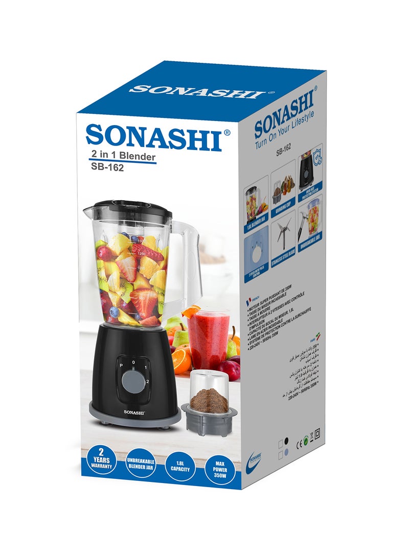 SONASHI - 2 In 1 Blender With 2 Speed Settings and Pulse - Spice Grinding, Smoothie Making, And Juicing 350 Watts | Unbreakable Blender Jars With Stainless Steel Blades | Safety Lock System 1.8 L 350 W SB-162 Black - Image 1