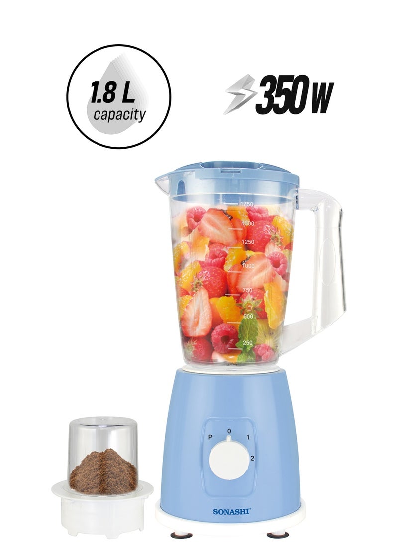 SONASHI - 2 In 1 Blender With 2 Speed Settings and Pulse - Spice Grinding, Smoothie Making, And Juicing 350 Watts | Unbreakable Blender Jars With Stainless Steel Blades | Safety Lock System 1.8 L 350 W SB-162 Blue - Image 1