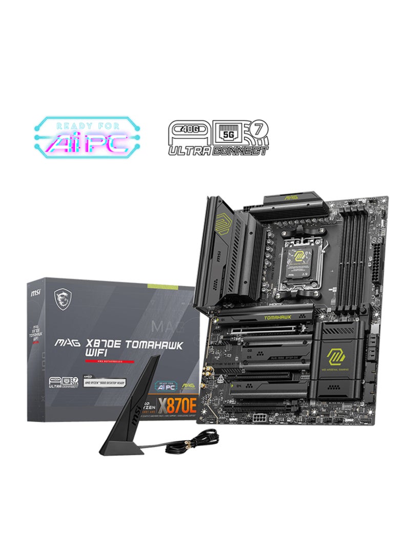 MSI MAG X870E TOMAHAWK Wi-Fi ATX Motherboard, AMD X870E Chipset, Socket AM5, Supports AMD Ryzen™ 9000/8000/7000 Series, 4x DDR5 UDIMM Slots (Up to 256GB), DDR5 Memory Support up to 8400+ MT/s, PCIe 5.0 x16, 4x M.2, 5G LAN, Wi-Fi 7, Bluetooth 5.4, 32-bit/384kHz Audio, USB 40Gbps Type-C, 8K HDMI™, 4x EZ Debug LEDs | 911-7E59-002 Black  - Image 1