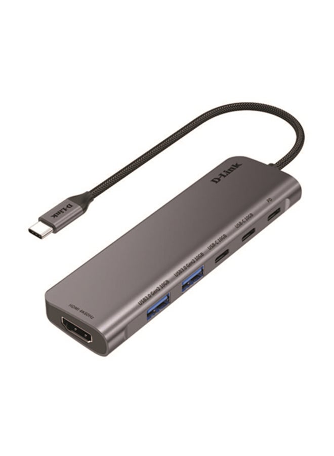 6-in-1 USB-C Adapter with Dual USB-A 3.1 (10 Gbit/s, 5V/1.5A), Dual USB-C 3.1 (10 Gbit/s, 5V/1.5A), HDMI 4K at 60Hz, USB-C PD 100W, Compatible with Windows, macOS, Linux, iPadOS | DUB-C106 Grey