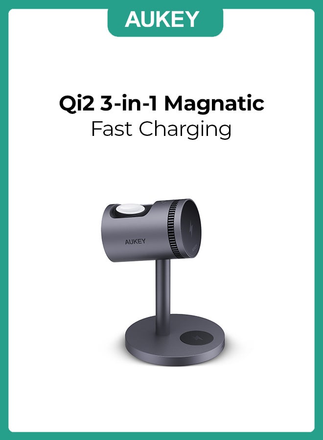 AUKEY LC-MC311A MagFusion Pro 3-in-1 Pro Qi2 Active Cooling Fast Wireless iPhone Charging Station, Gray Grey - Image 1