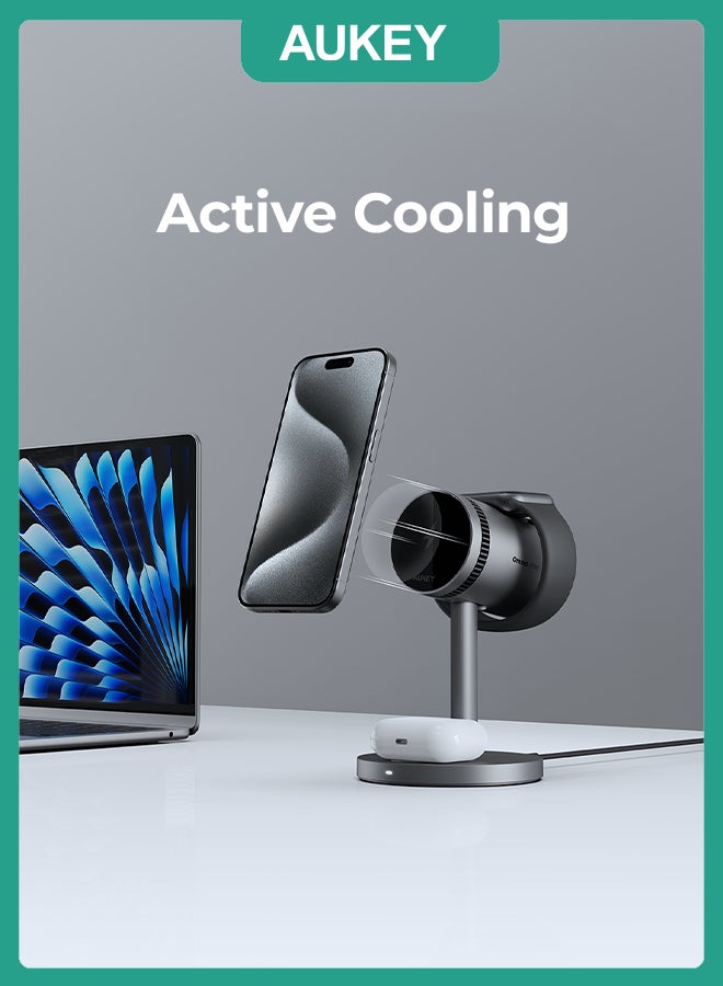 AUKEY LC-MC311A MagFusion Pro 3-in-1 Pro Qi2 Active Cooling Fast Wireless iPhone Charging Station, Gray Grey - Image 2