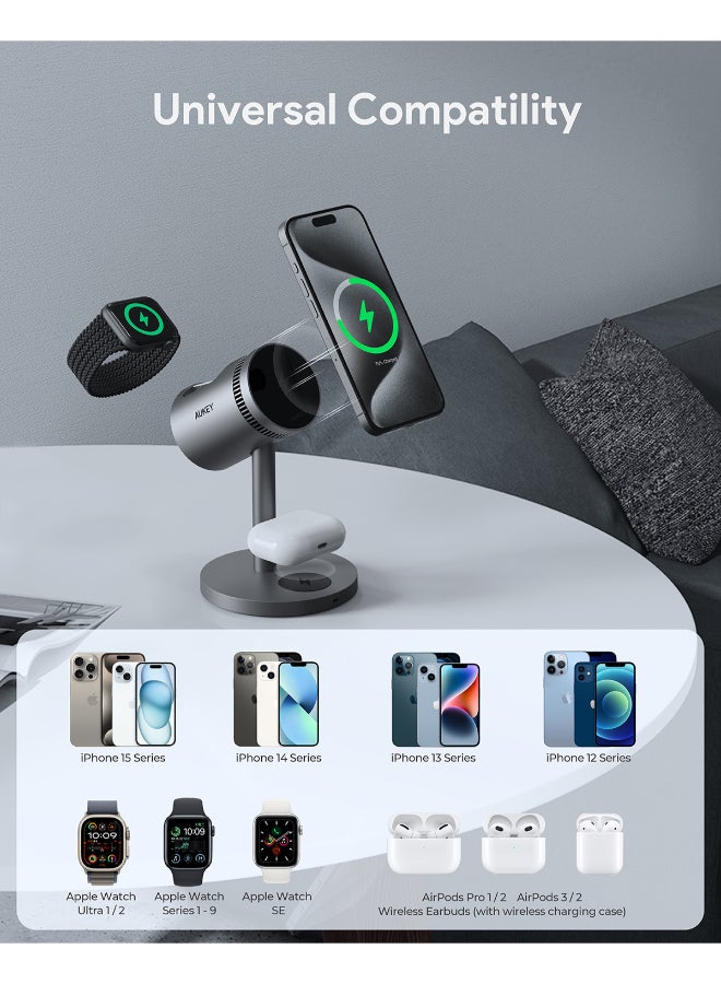 AUKEY LC-MC311A MagFusion Pro 3-in-1 Pro Qi2 Active Cooling Fast Wireless iPhone Charging Station, Gray Grey - Image 5