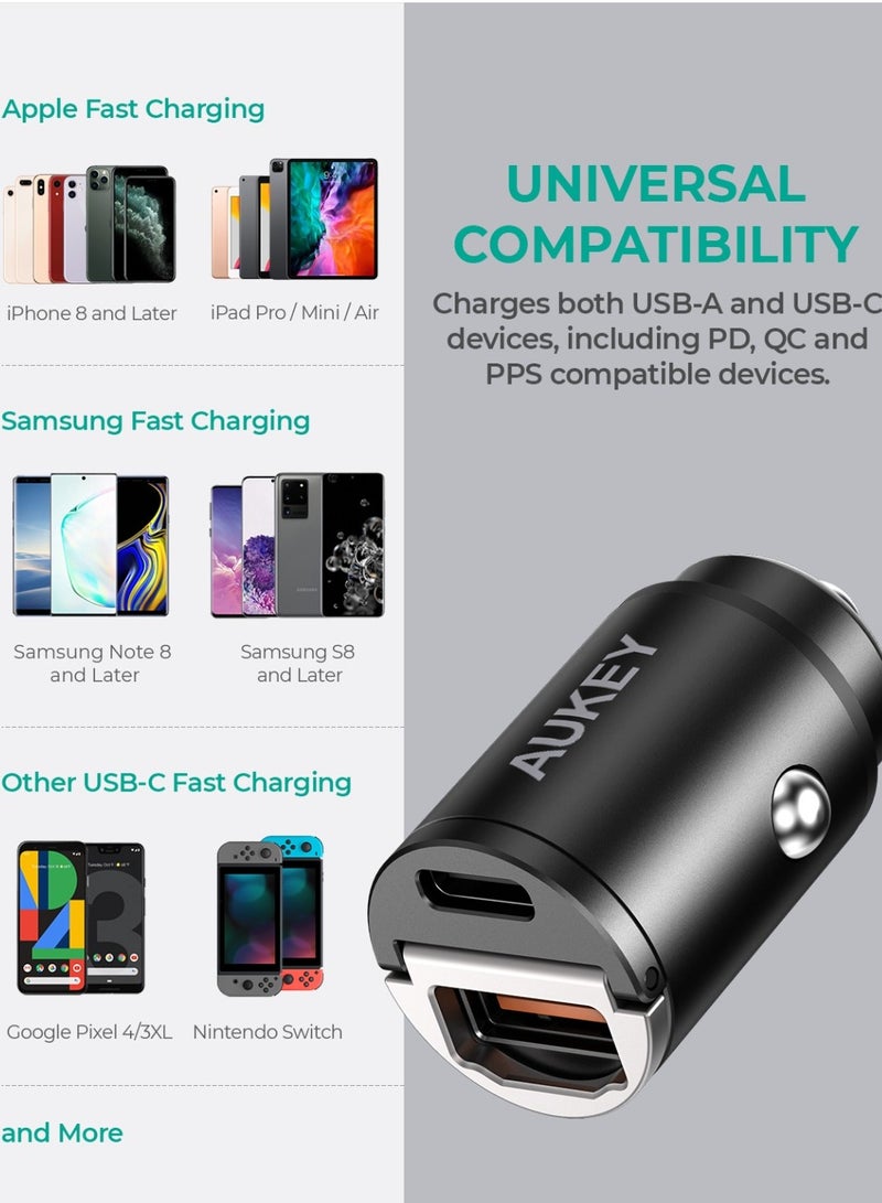 Aukey AUKEY PD Nano Car Charger 30W 2-Port USB-A & USB-C A3 Silver  - Image 3