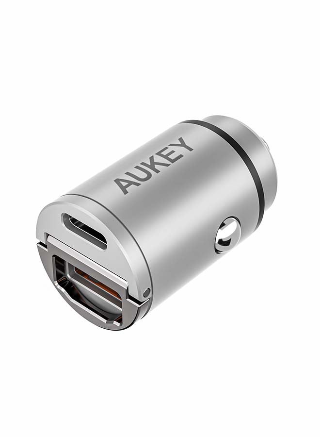Aukey AUKEY PD Nano Car Charger 30W 2-Port USB-A & USB-C A3 Silver  - Image 1