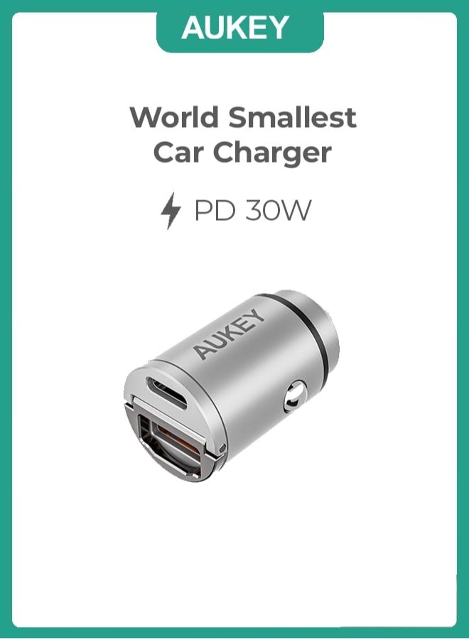 AUKEY PD Nano Car Charger 30W 2-Port USB-A & USB-C A3 Silver - Image 1