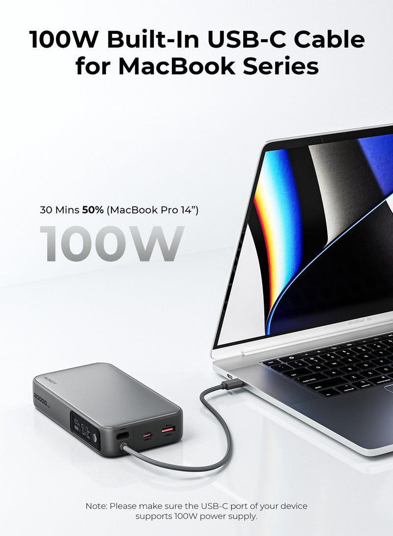 Aukey AUKEY 20,000mAh, 100W Output 65W input PD, with Built-in USB-C Cable Compact Fast Charging Power Bank, Gray.  - Image 4