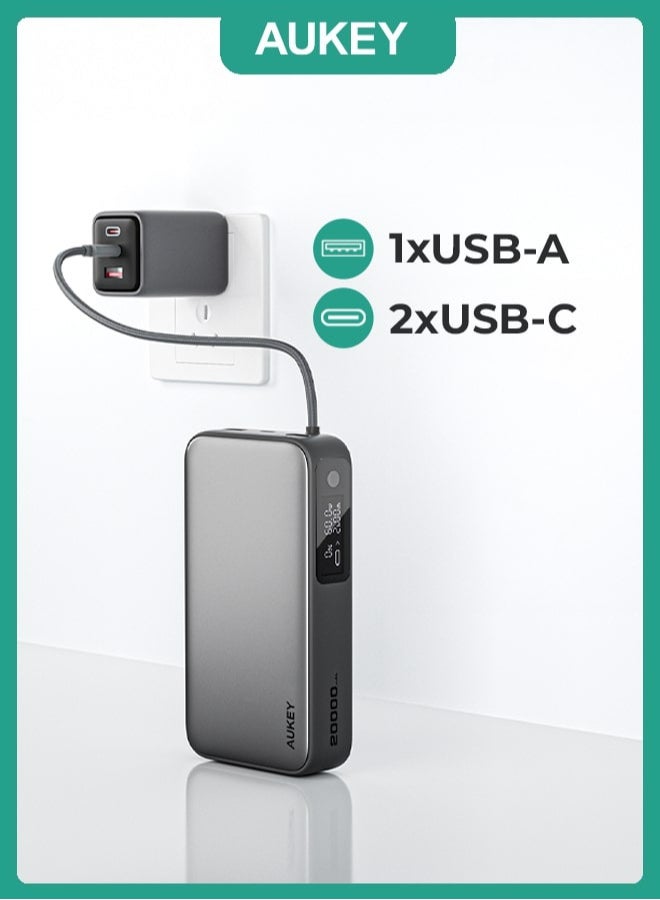 AUKEY 20,000mAh, 100W Output 65W input PD, with Built-in USB-C Cable Compact Fast Charging Power Bank, Gray. - Image 3