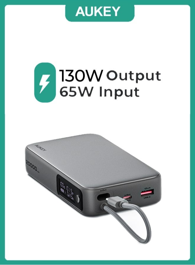 AUKEY 20,000mAh, 100W Output 65W input PD, with Built-in USB-C Cable Compact Fast Charging Power Bank, Gray. - Image 1
