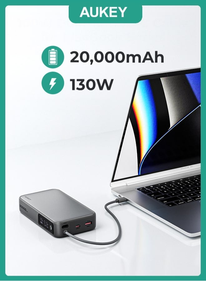 AUKEY 20,000mAh, 100W Output 65W input PD, with Built-in USB-C Cable Compact Fast Charging Power Bank, Gray. - Image 2