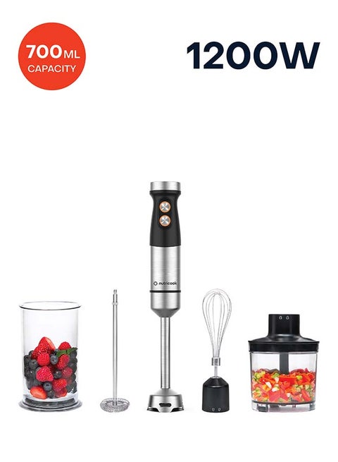Hand Blender 1200W DC motor with 20 variable speed, 700ml Beaker,500ml Chopping Bowl, Stainless Steel Blades, Whisk 4in1 Blend,Chop,Whisk,Froth 2-Year Warranty HB100ME Stainless Steel
