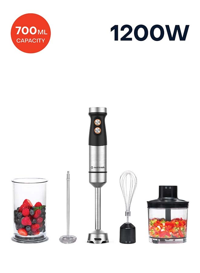 nutricook - Hand Blender 1200W DC motor with 20 variable speed, 700ml Beaker,500ml Chopping Bowl, Stainless Steel Blades, Whisk 4in1 Blend,Chop,Whisk,Froth 2-Year Warranty HB100ME Stainless Steel - Image 1