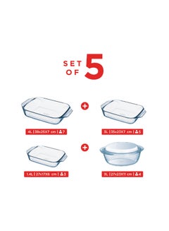 Set of 5, Casseroles with Handles, 3 Roasters Clear