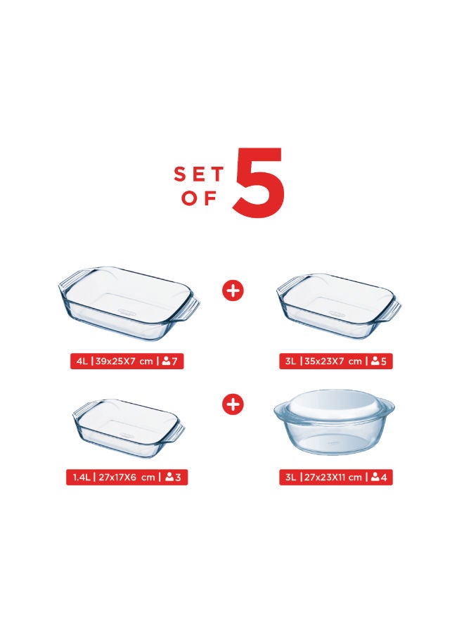 بيريكس - Set of 5, Casseroles with Handles, 3 Roasters Clear - Image 1