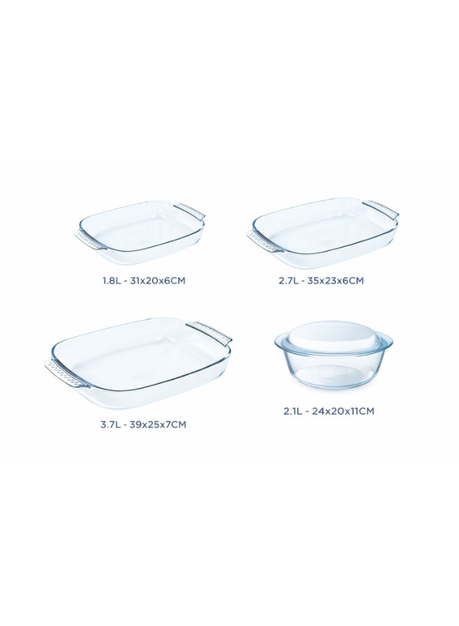 Set of 5, Casseroles with Handles, 3 Roasters Clear