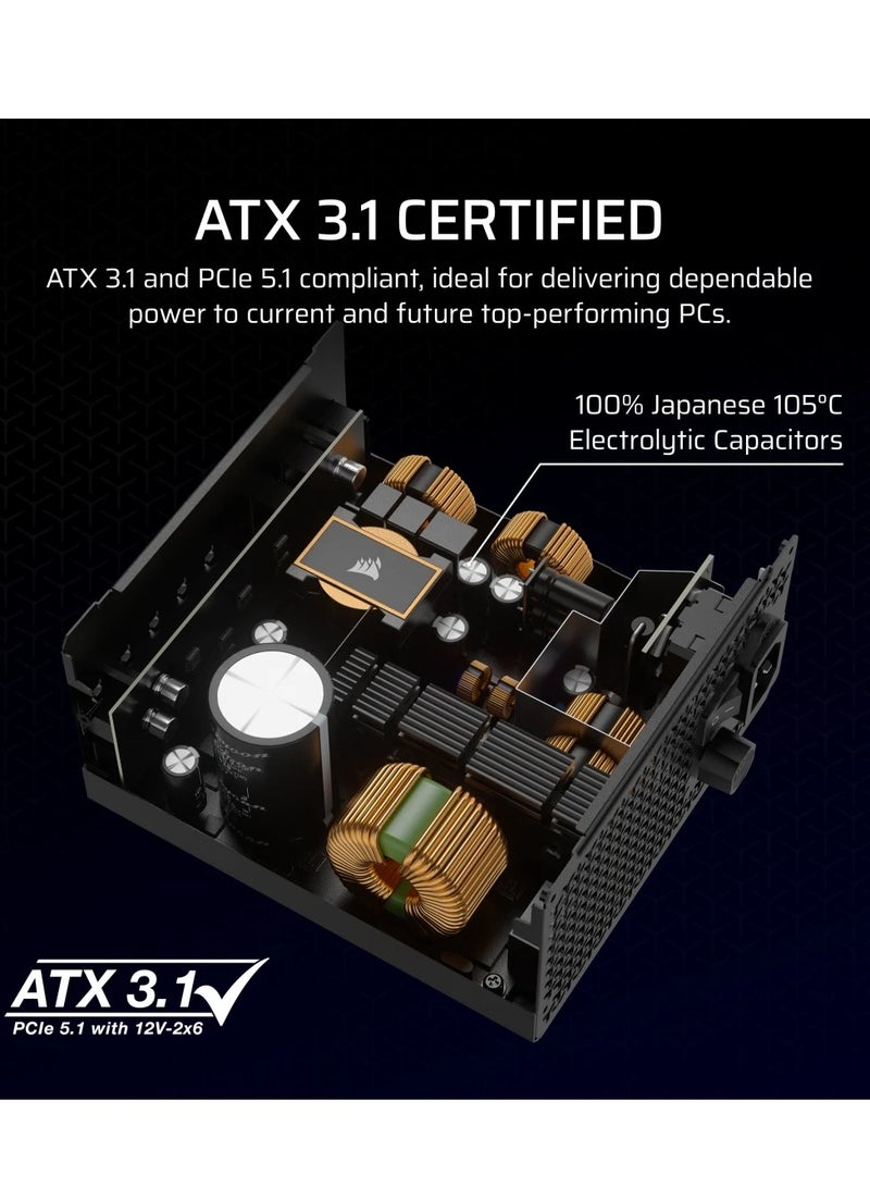 CORSAIR - RM1000x Fully Modular Low-Noise ATX Power Supply – ATX 3.1 Compliant – PCIe 5.1 Support – Cybenetics Gold Efficiency – Native 12V-2x6 Connector - Image 1
