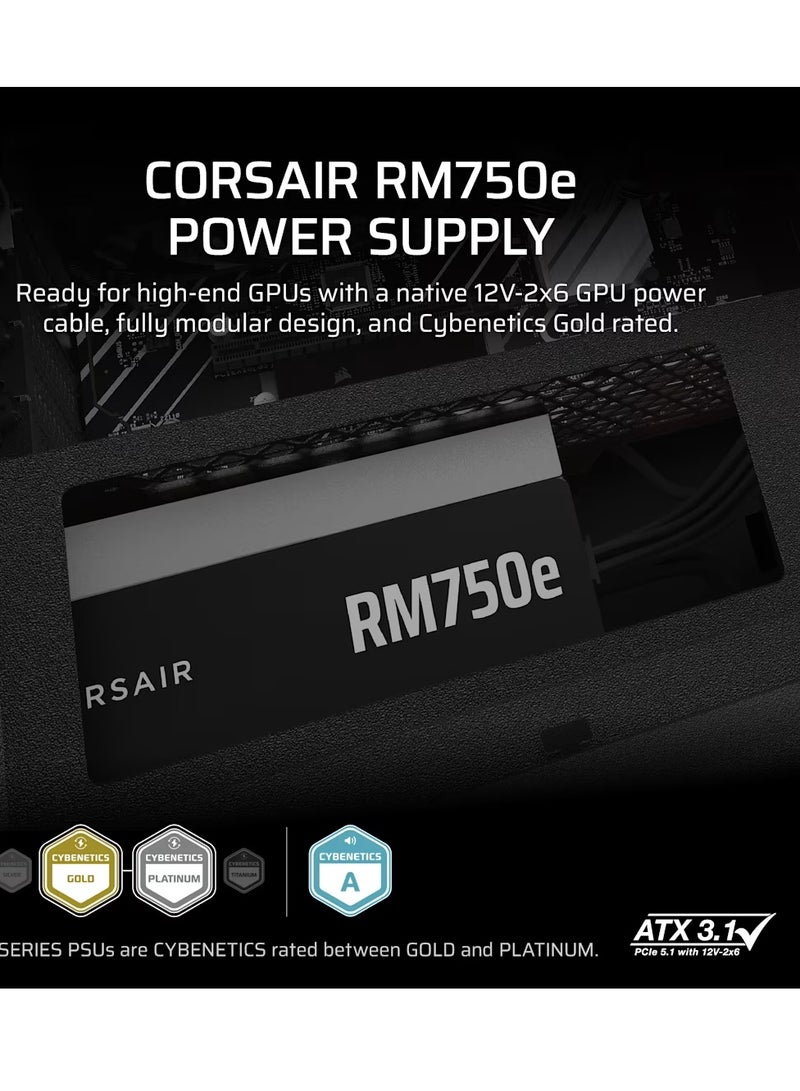 كورسير RM750e Fully Modular Low-Noise ATX Power Supply with 12V-2x6 Cable – ATX 3.1 & PCIe 5.1 Compliant, Cybenetics Gold Efficiency, 105°C-Rated Capacitors, Modern Standby Mode  - Image 3