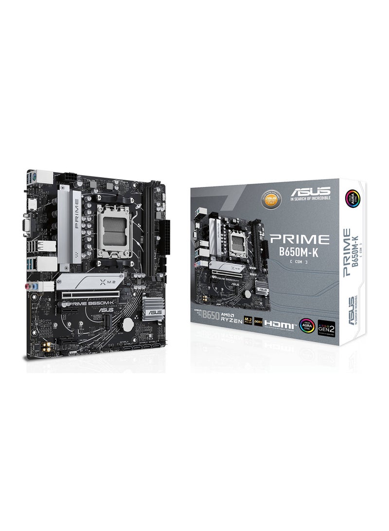 أسوس PRIME B650M-K AM5 Micro-ATX Motherboard, AMD B650 Chipset, 2x DIMM DDR5 Slots, Up to 96GB Max Memory, 2.5Gb Ethernet, 2x M.2, 1x PCIe 4.0x 16, USB 3.2 / 2.0, 1x VGA 1x HDMI | 90MB1F60-M0EAY0 Black  - Image 1
