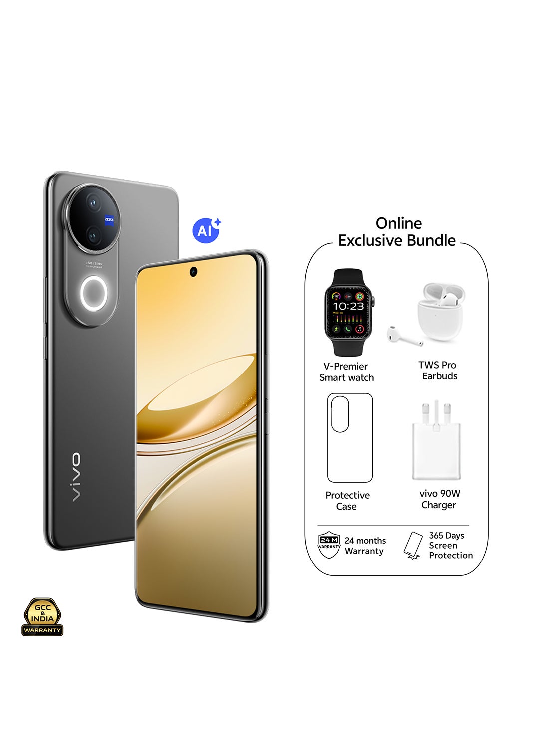 vivo V50 AI 5G Dual SIM Satin Black 12GB RAM 256GB  With Exclusive Gifts Earbuds Pro, Smart Watch, 90W Charger And 24 Months Warranty + 1 Year Screen Replacement - Middle East Version 