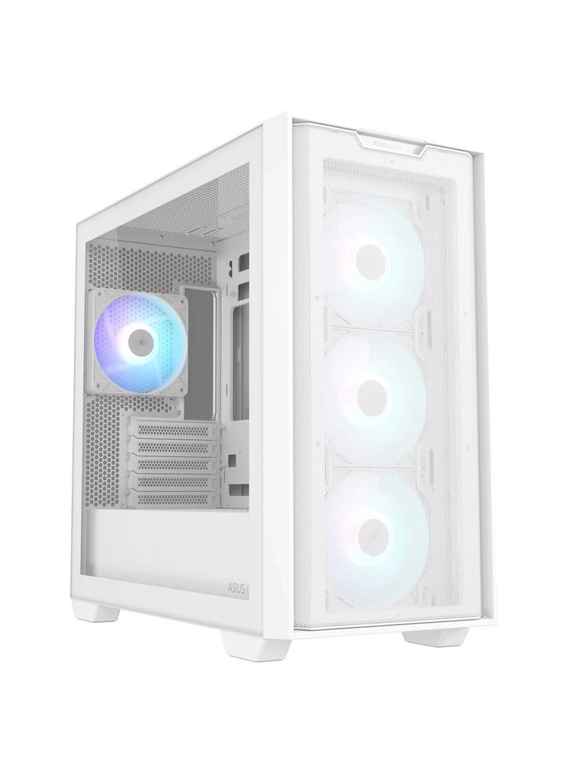 ASUS A21 Plus M-ATX Computer Case, 4x 120mm ARGB Pre-Installed Fan, Up to 360mm Radiator, & 7x Fan Support, BTF Support, Headphone, Microphone & 2x USB 3.2 Gen1 Interface, 90DC00H3-B19000 White  - Image 1