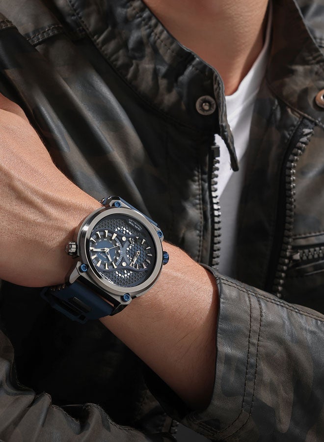 بوليس Men's Boa 48mm Gun Case Watch with Black to Navy Dial, Dual Crowns, Honeycomb Backdrop & Navy Blue Silicone Strap  - Image 5