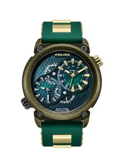 POLICE Men's Boa 48mm Antique Gold Ion-Plated Case Watch with Black-to-Green Sunray Dial, Dual Crowns, Green Silicone Strap  - Image 1