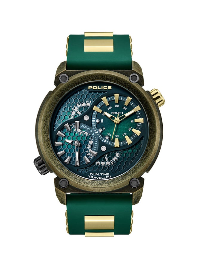 بوليس Men's Boa 48mm Antique Gold Ion-Plated Case Watch with Black-to-Green Sunray Dial, Dual Crowns, Green Silicone Strap  - Image 1