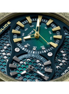 POLICE Men's Boa 48mm Antique Gold Ion-Plated Case Watch with Black-to-Green Sunray Dial, Dual Crowns, Green Silicone Strap  - Image 4