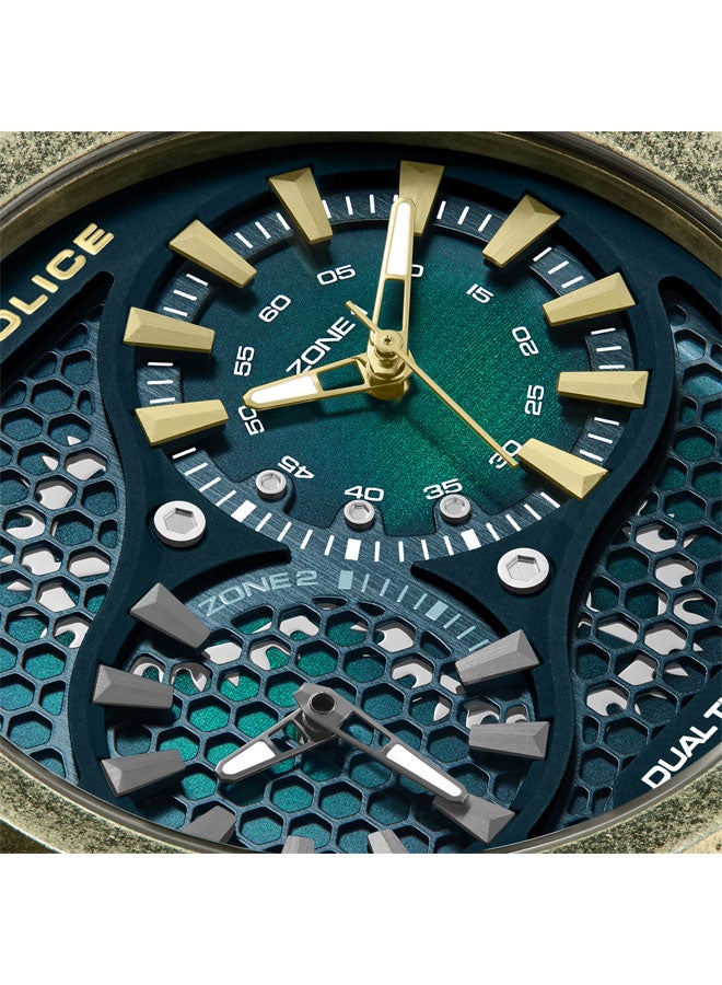 بوليس Men's Boa 48mm Antique Gold Ion-Plated Case Watch with Black-to-Green Sunray Dial, Dual Crowns, Green Silicone Strap  - Image 4