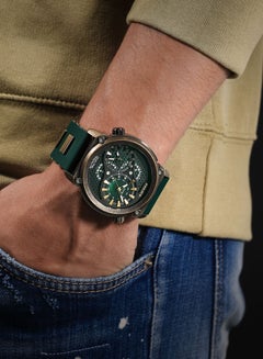 POLICE Men's Boa 48mm Antique Gold Ion-Plated Case Watch with Black-to-Green Sunray Dial, Dual Crowns, Green Silicone Strap  - Image 5